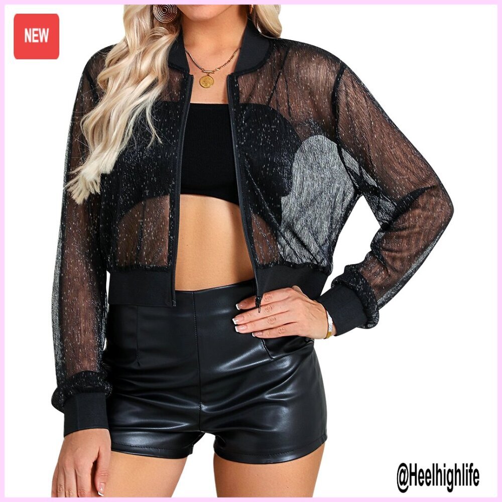 Sheer Mesh Glitter Bomber Jacket Crop Zip Up Party Rave Festival
